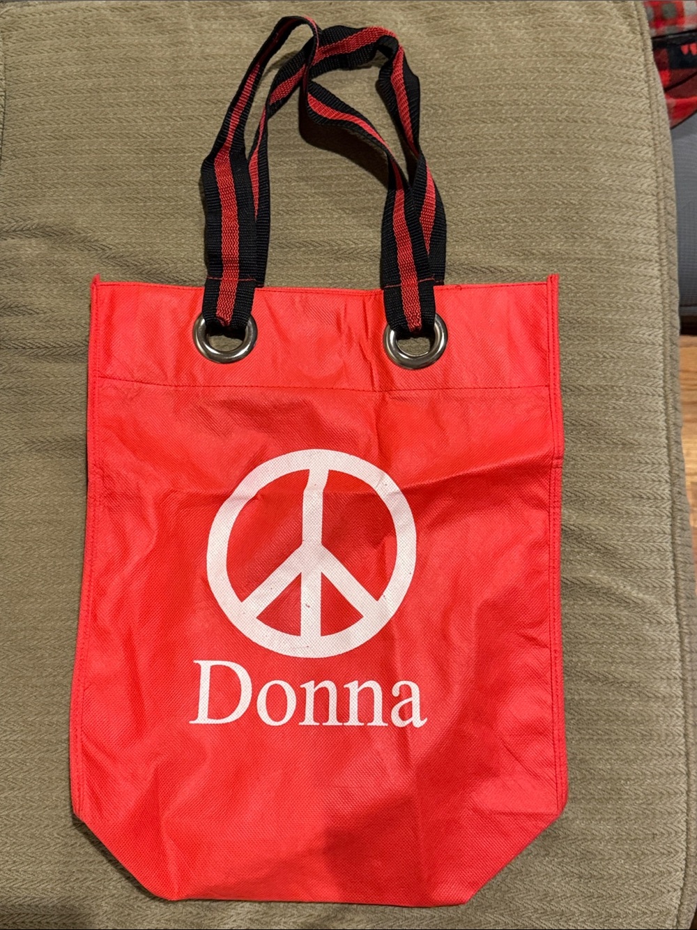 Personalized DONNA Red Tote White Peace Symbol Black-Striped Handles